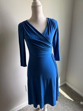 Blue Wrap-Style Ruched Shoulder Long Sleeve Dress